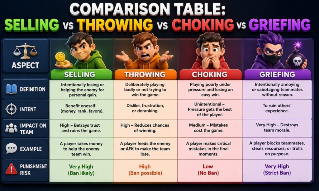 Comparison Table Selling vs Throwing vs Choking vs Griefing
